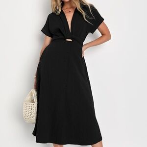 Lulus Palermo Perfection Black Collared Midi Dress With Pockets - Size L